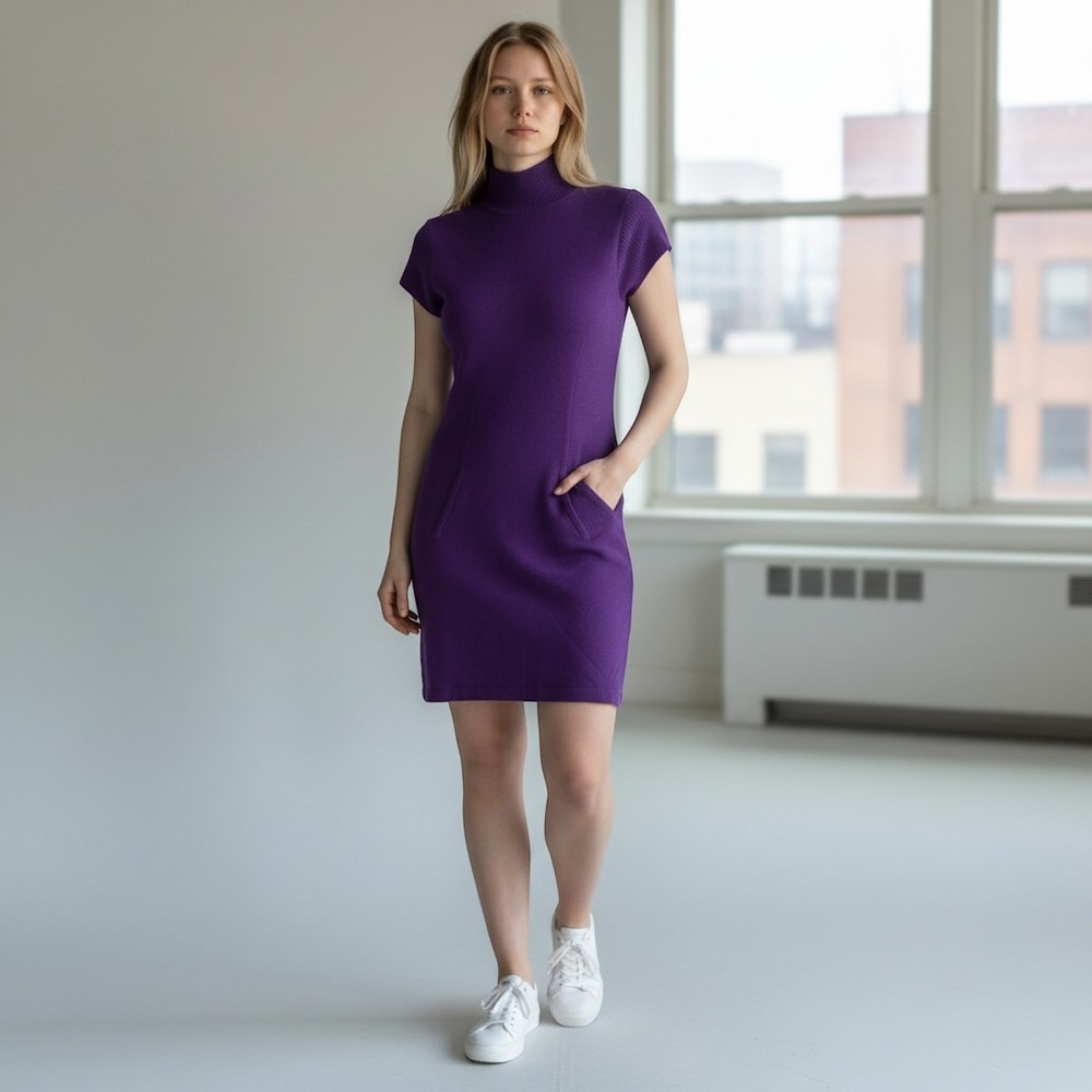 Autumn Cashmere Sweater Dress Women's Medium Purple Short Sleeve Pockets